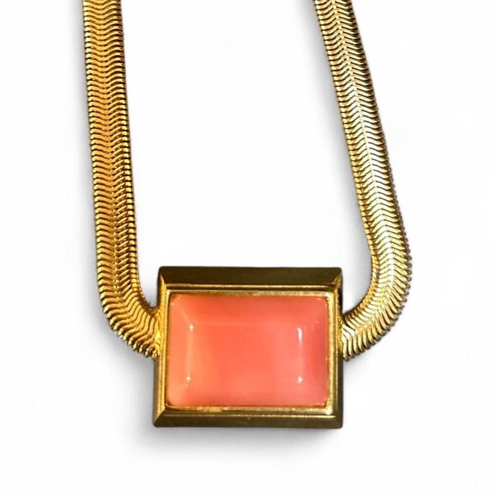 Vintage Givenchy Gold Plated Serpentine Chain Pink Cabochon Stone Necklace